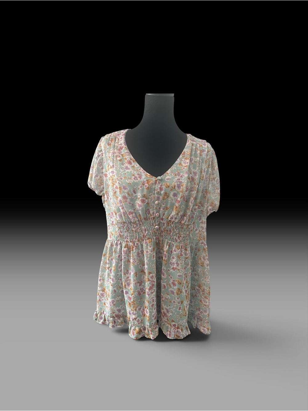Pastel Floral V-Neck Smocked Peplum Blouse - Mint Floral